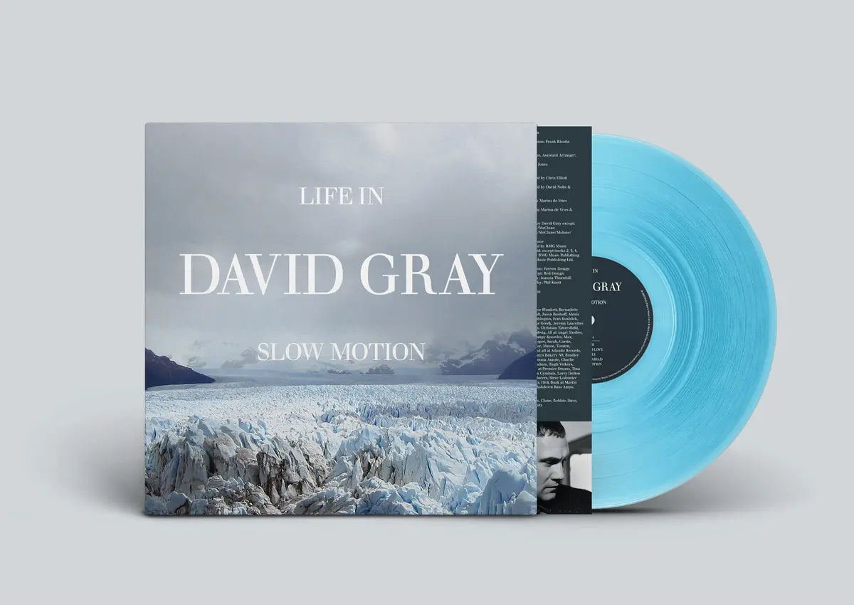 David Gray Life in Slow Motion 20th Anniversary glacial blue 1LP vinyl showing blue record and album cover