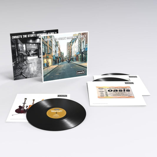 Oasis '(What's The Story) Morning Glory?' 3LP gatefold vinyl showing front sleeve artwork three LPs and catalogue RKIDLP151