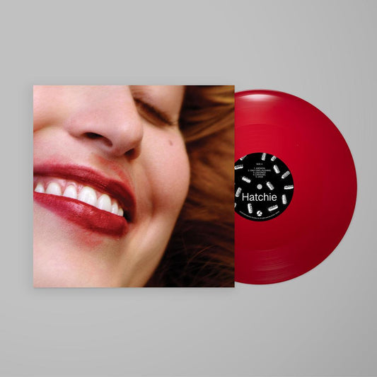 Hatchie Liquorice lipstick red 12-inch vinyl LP with close-cropped laughing portrait cover and smudged red lipstick