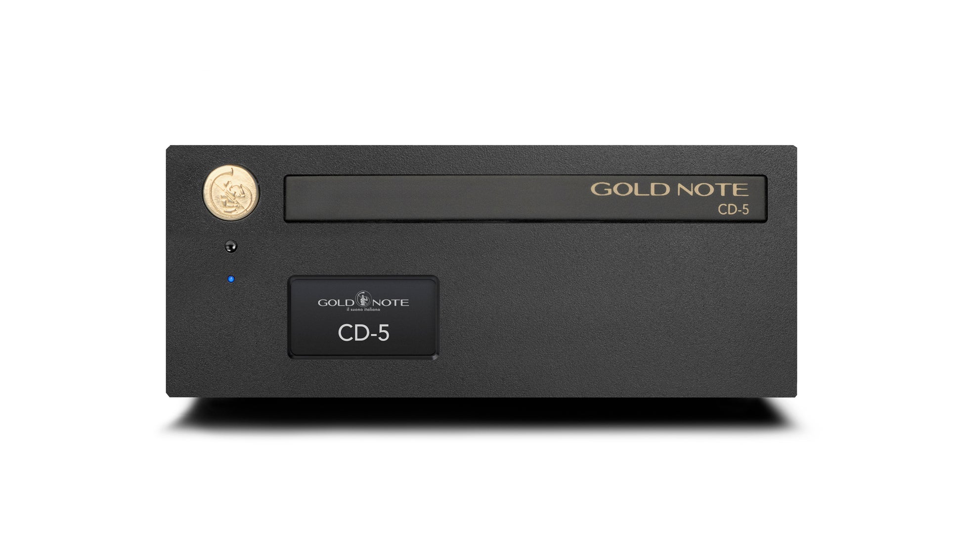 Gold Note CD-5 front panel with touchscreen disc tray AKM AK4493 DAC label XLR and RCA outputs