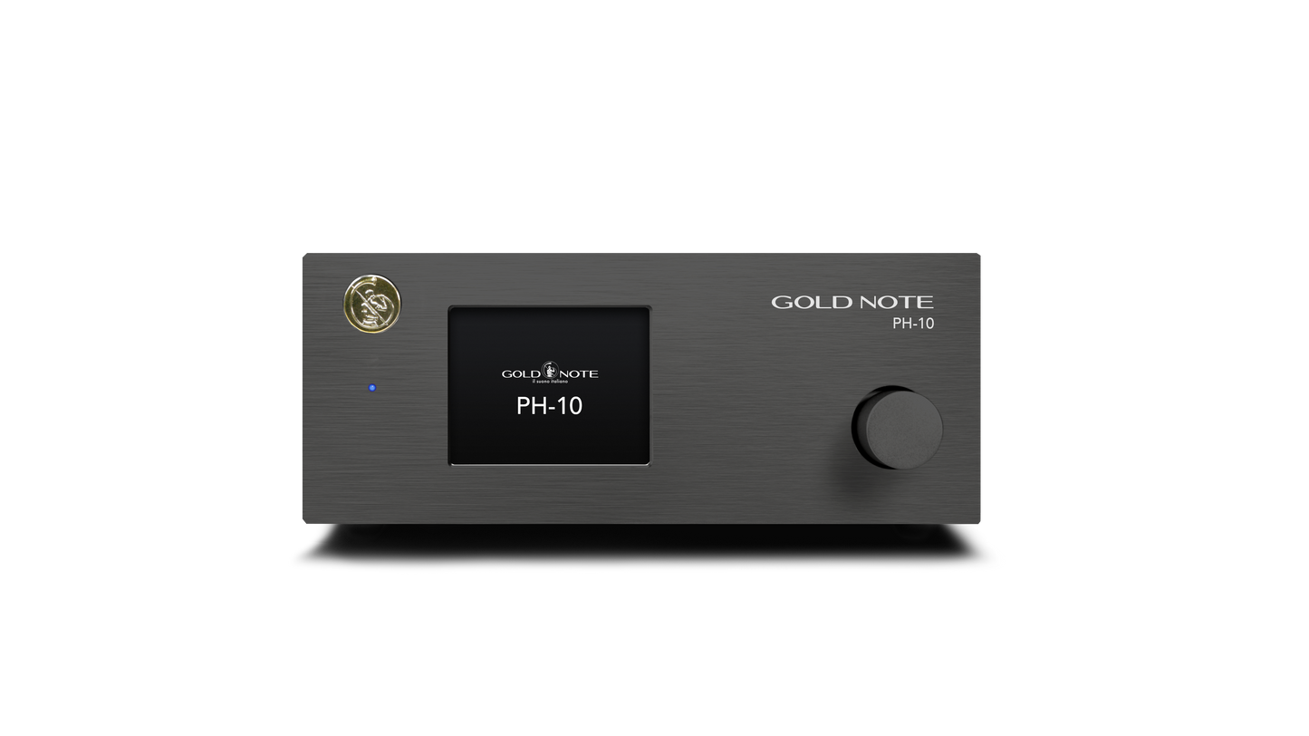 Gold Note PH-10 phono stage front panel brushed aluminium dual RCA tonearm inputs and XLR balanced output