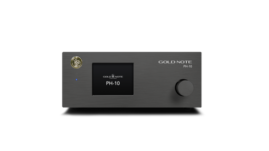 Gold Note PH-10 phono stage front panel brushed aluminium dual RCA tonearm inputs and XLR balanced output