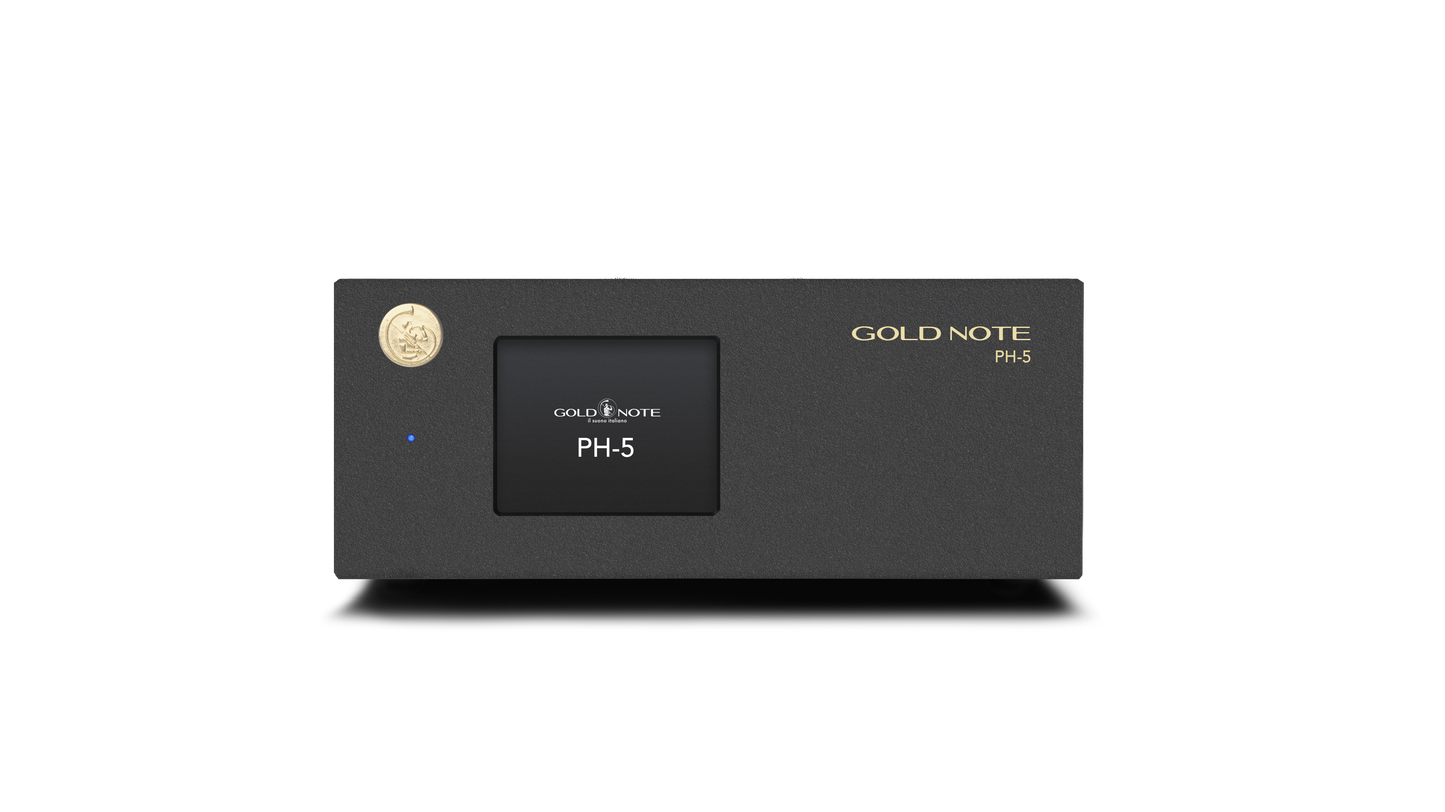 Gold Note PH-5 phono stage front panel with touchscreen controls RCA and XLR outputs compact 200 x 80 x 260 mm 1.2 kg