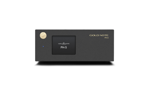 Gold Note PH-5 phono stage front panel with touchscreen controls RCA and XLR outputs compact 200 x 80 x 260 mm 1.2 kg
